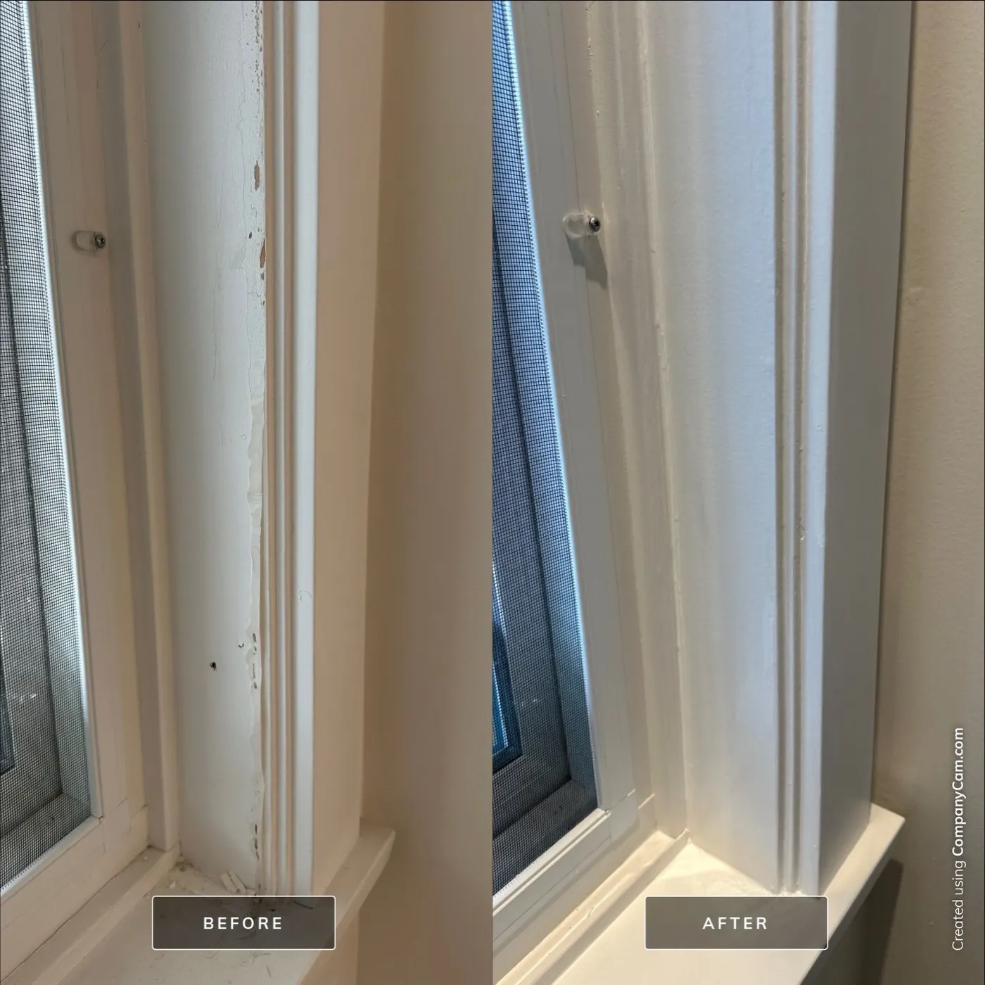 Before and after photo of a peeling window sill refinished and repainted in a Vancouver home.