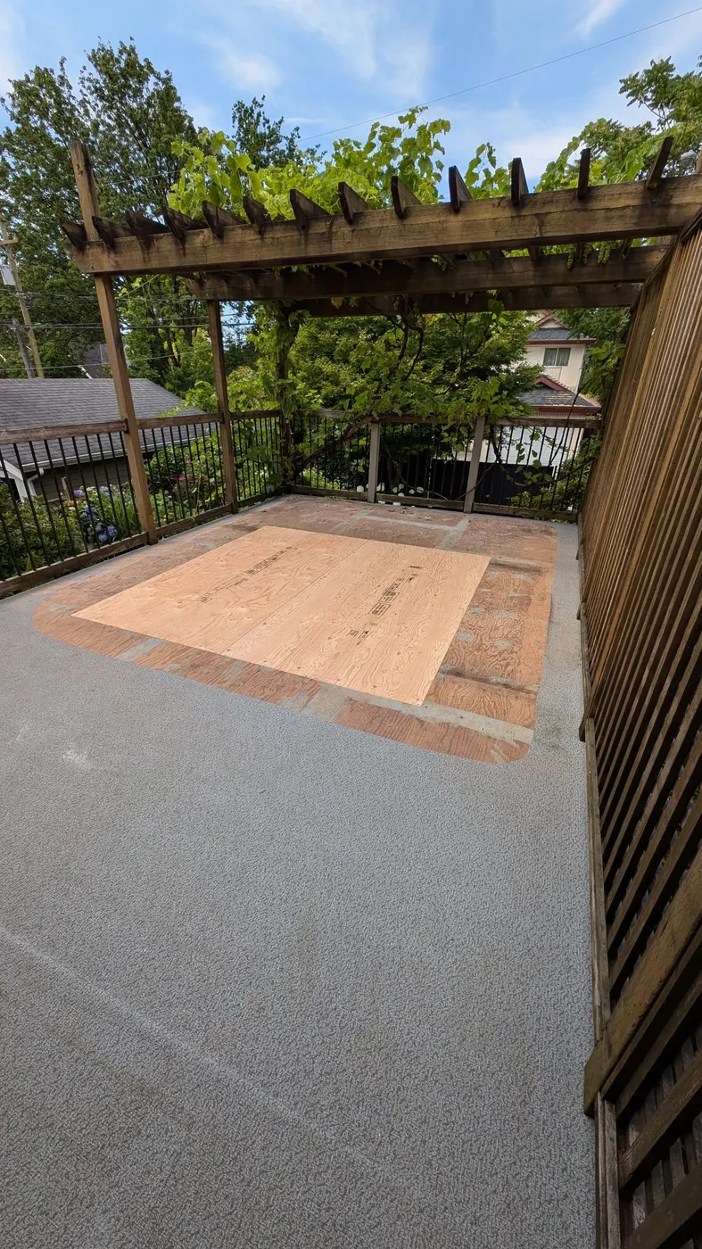 New plywood underlayment installed on a Vancouver, BC deck before vinyl membrane application