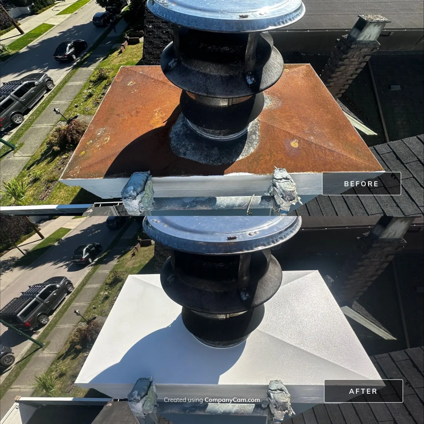 Aerial before and after of a rusted metal chimney cap repainted bright white on a Vancouver, BC rooftop