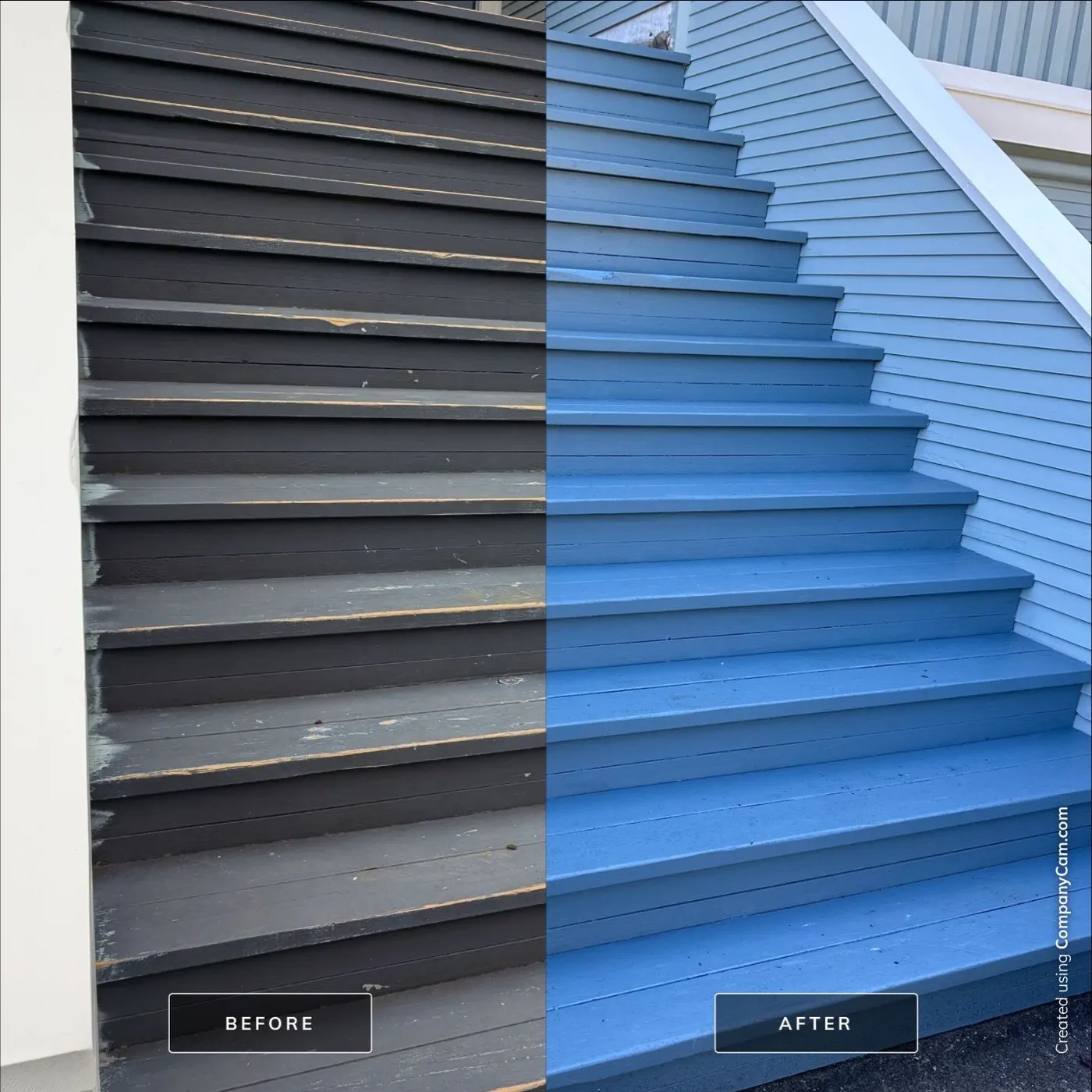 Before and after of exterior wood stairs on a Vancouver, BC home repainted from worn dark grey to a vibrant sky blue