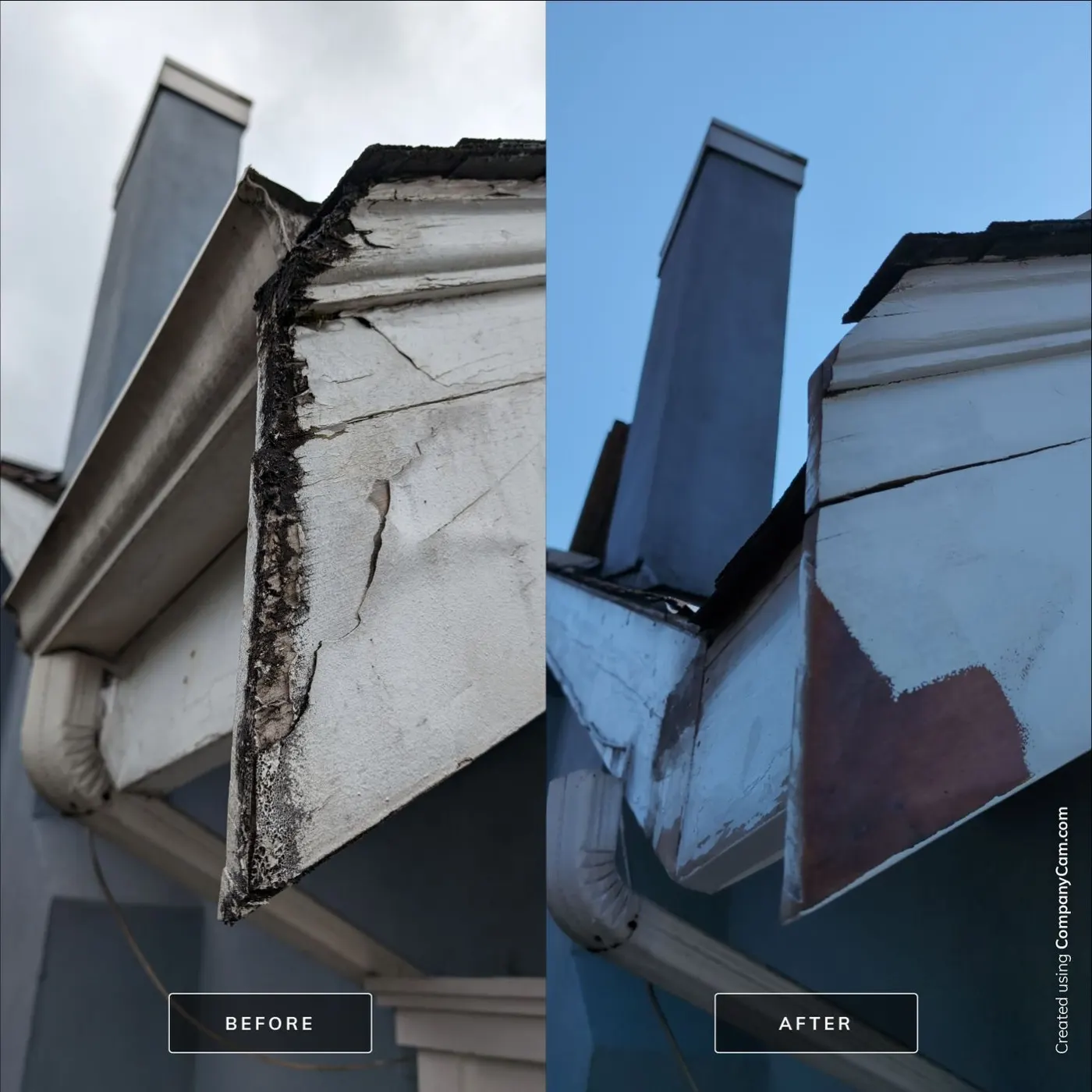 Before and after of rotted, cracked roof fascia board near a chimney repaired and repainted on a Vancouver, BC home