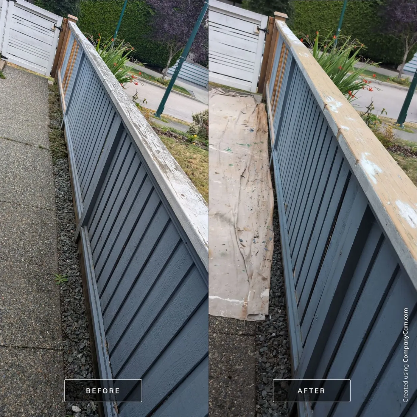 Before and after of a weathered wood fence cap rail, sanded and prepped for repainting at a Vancouver, BC property
