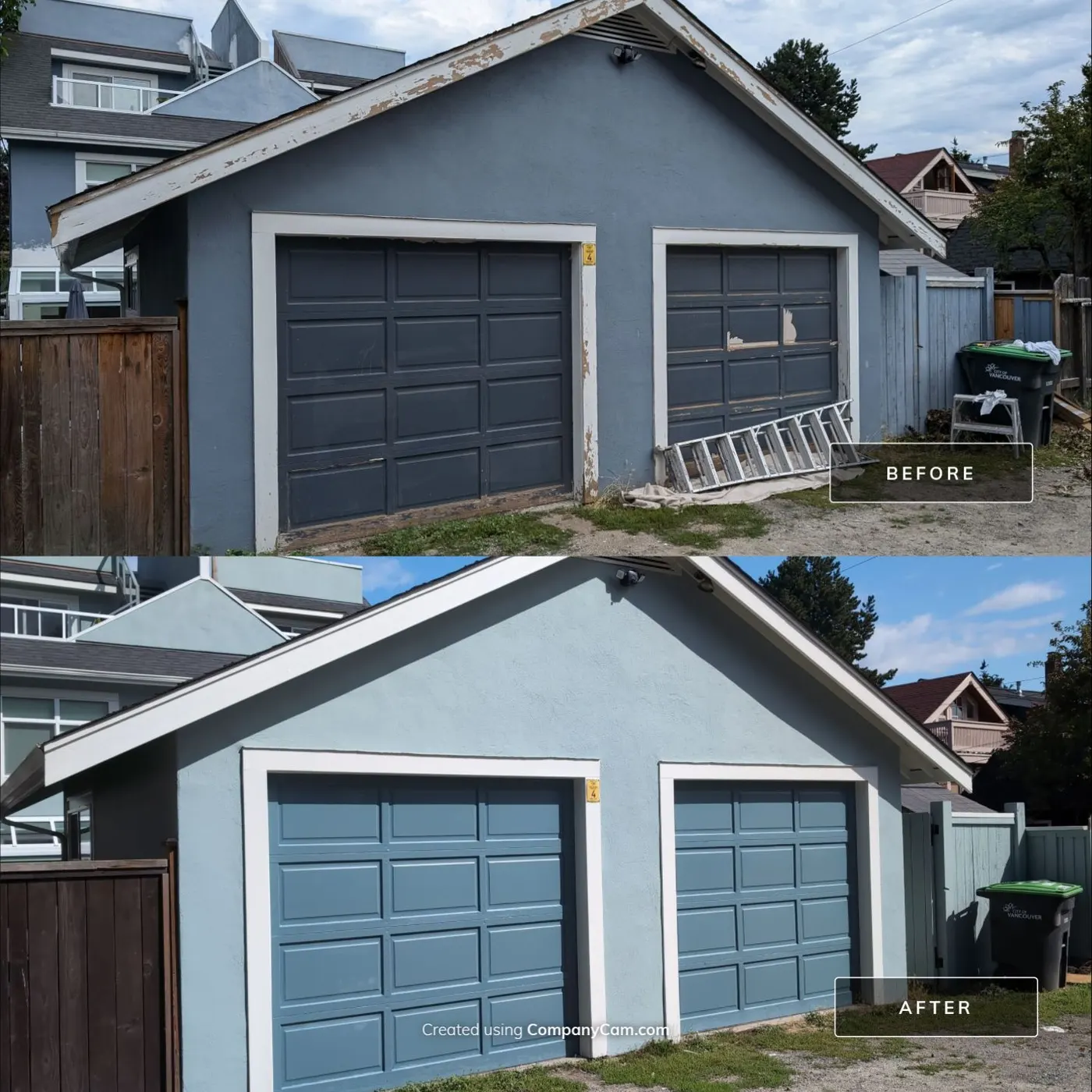 Before and after of a detached garage in Vancouver, BC repainted from faded steel blue to a fresh soft blue with crisp white trim