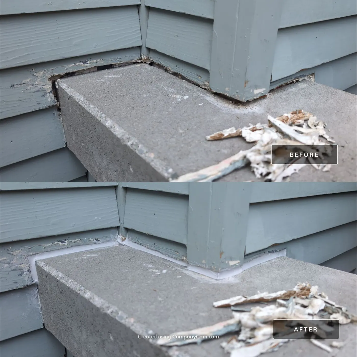 Before and after of a porch post base re-caulked and sealed against a concrete step on a Vancouver, BC home