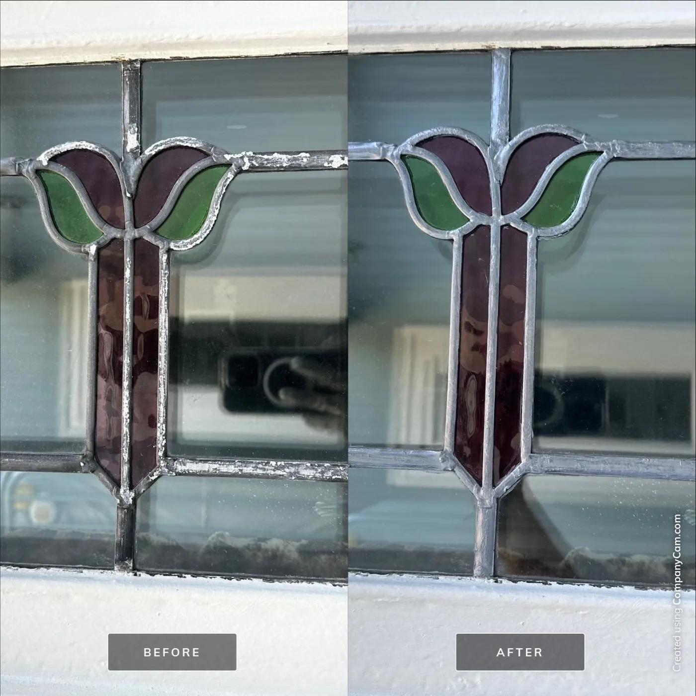 Before and after close-up of a heritage stained glass door window with restored leading and glazing on a Vancouver, BC home