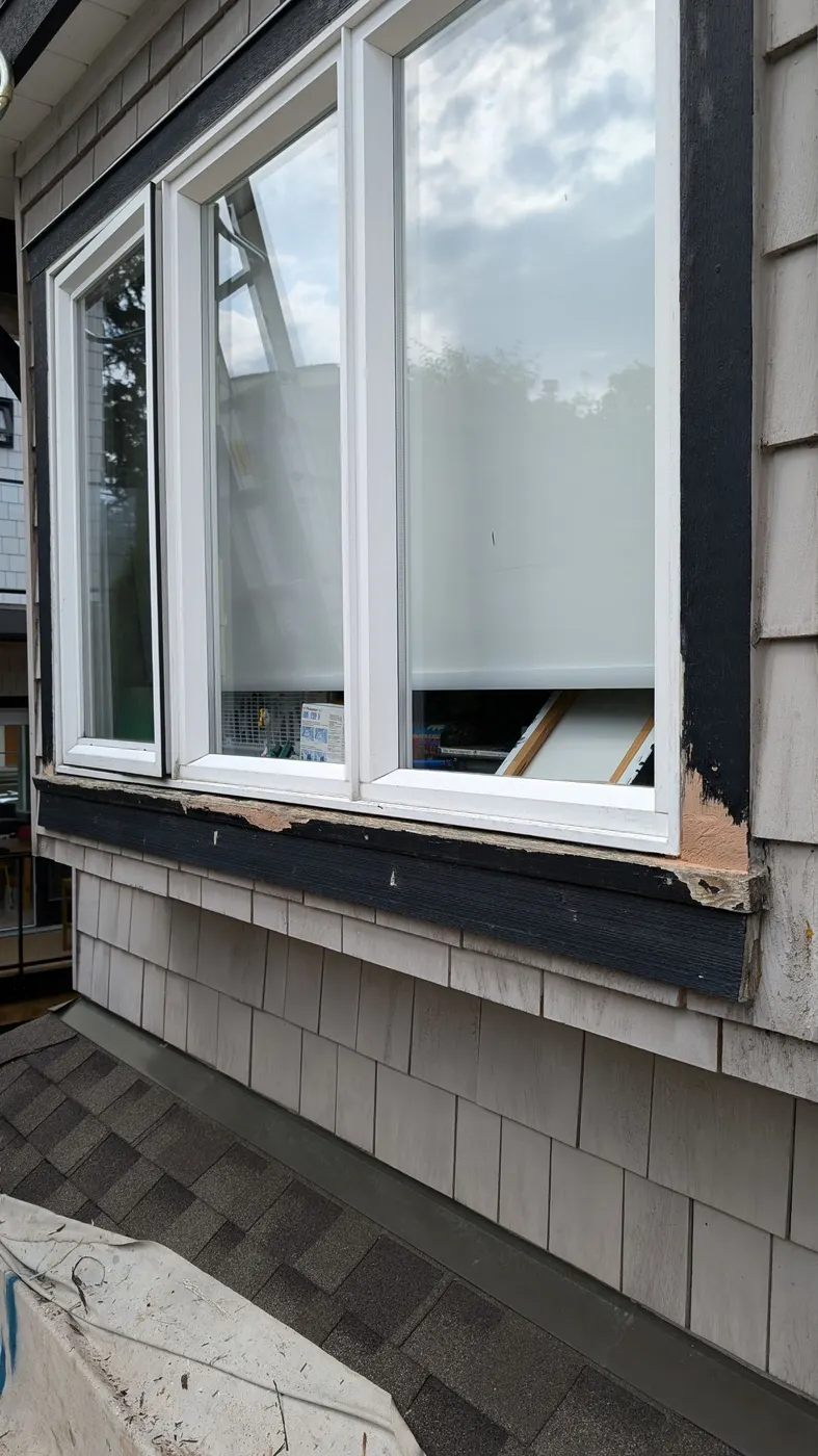 Weathered wood window trim showing paint peeling and rot before repair on a Vancouver, BC house
