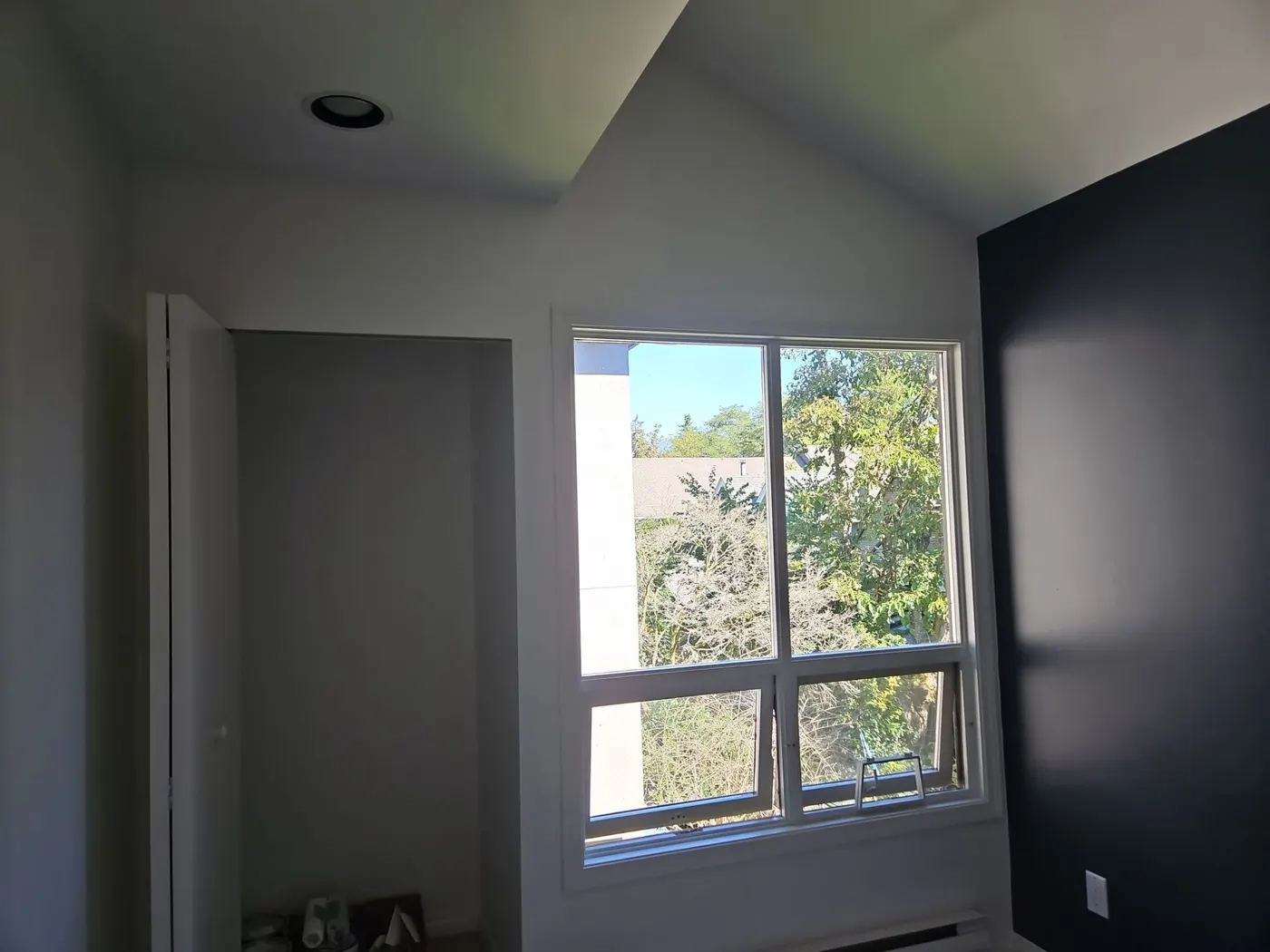 Finished bedroom with vaulted ceiling, closet, and navy accent wall painted by Renaissance Painting in Vancouver, BC