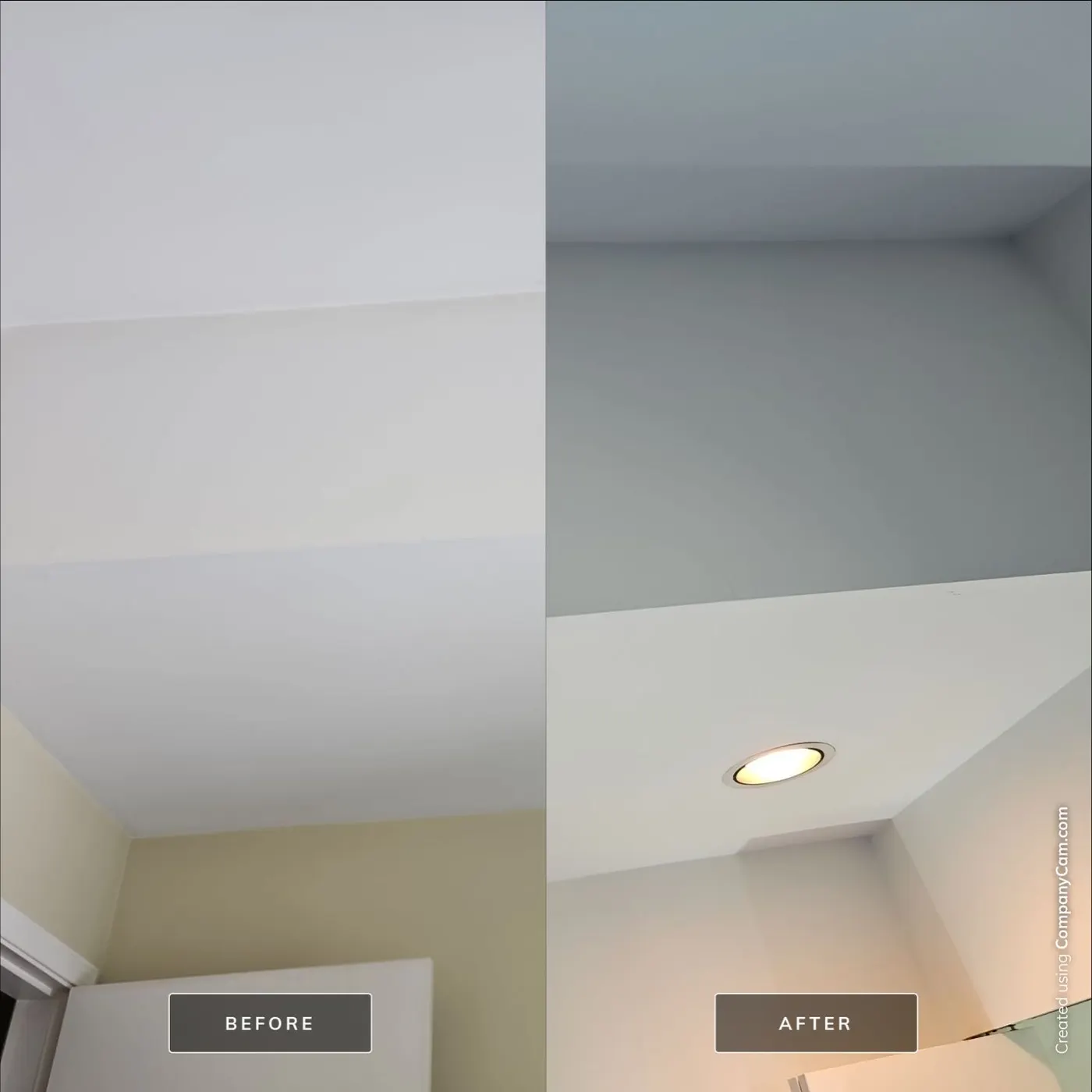 Before and after photo of a bedroom ceiling repainted by Renaissance Painting, a Vancouver, BC interior painting contractor