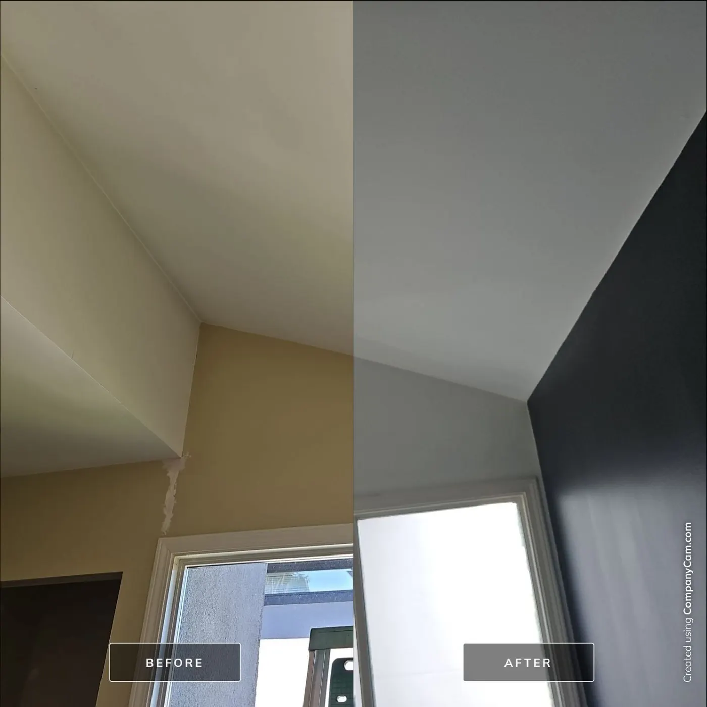 Before and after of a bedroom corner transformed with a navy accent wall by Vancouver painters Renaissance Painting