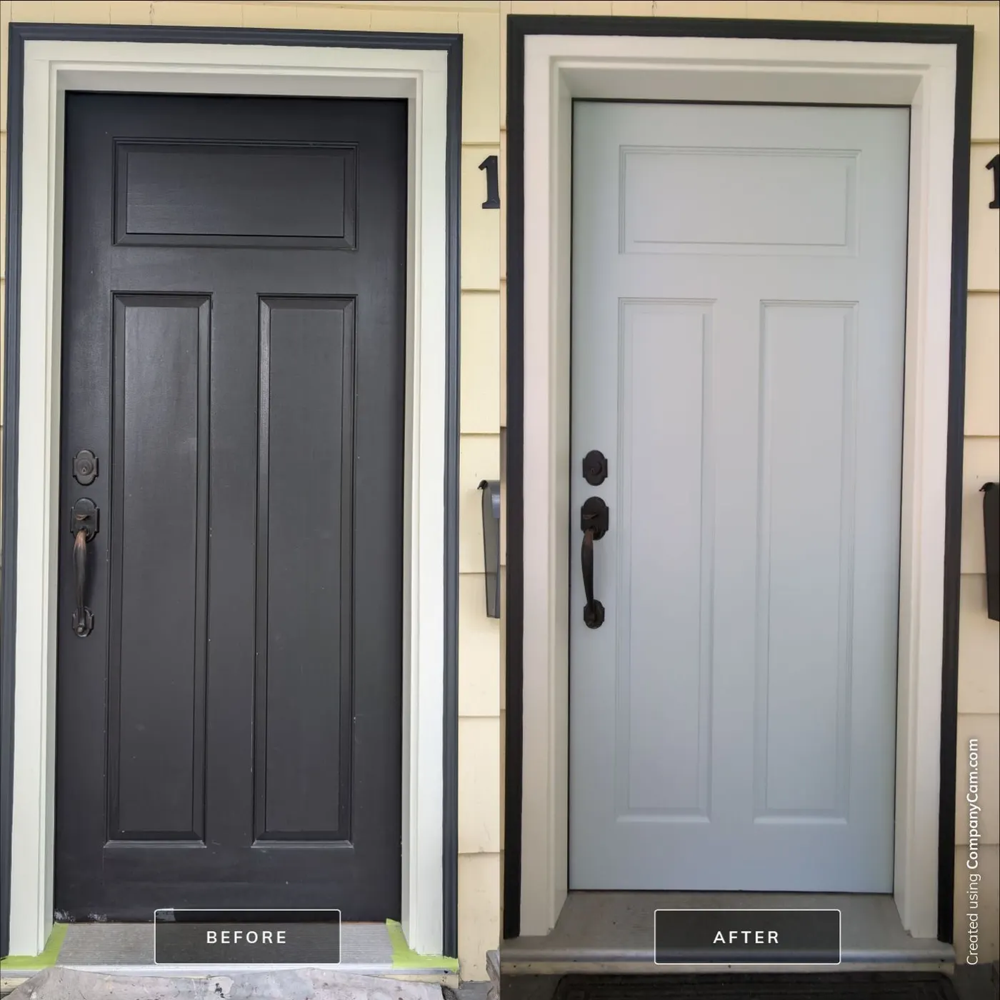 Before and after photo of a Vancouver front door repainted from dark charcoal to soft blue-grey by Renaissance Painting.