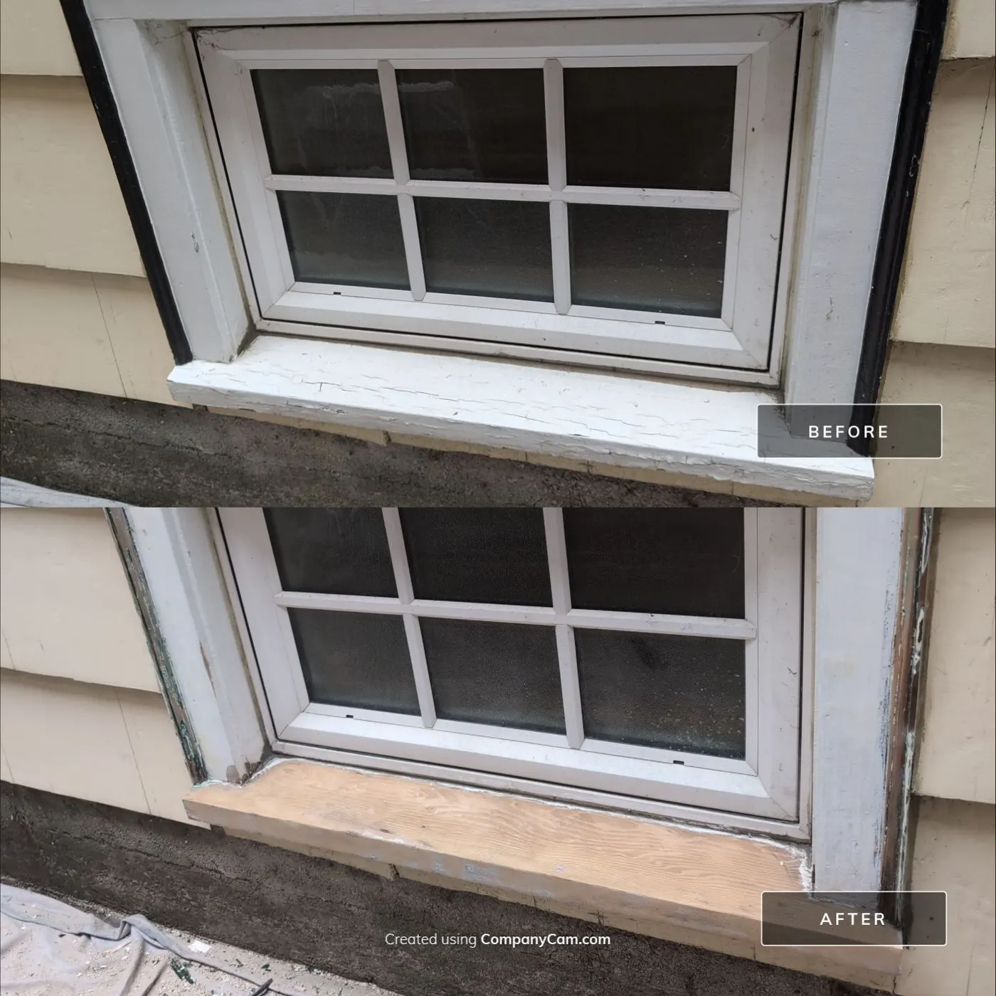 Before and after photo of a repaired and repainted window sill on a Vancouver, BC home by Renaissance Painting.