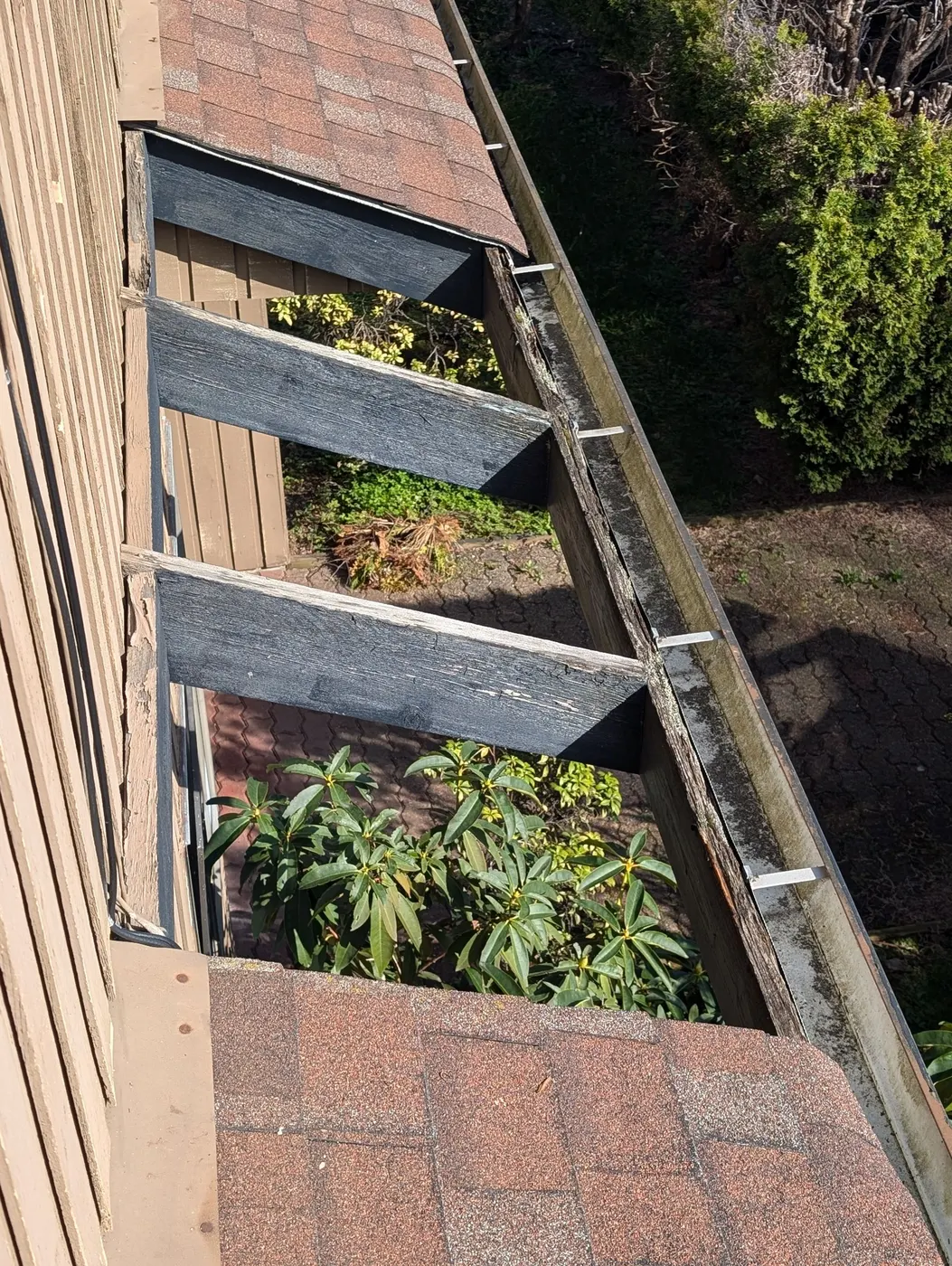 Rotted and cracked wood fascia board along a Vancouver roofline before carpentry repair by Renaissance Painting.