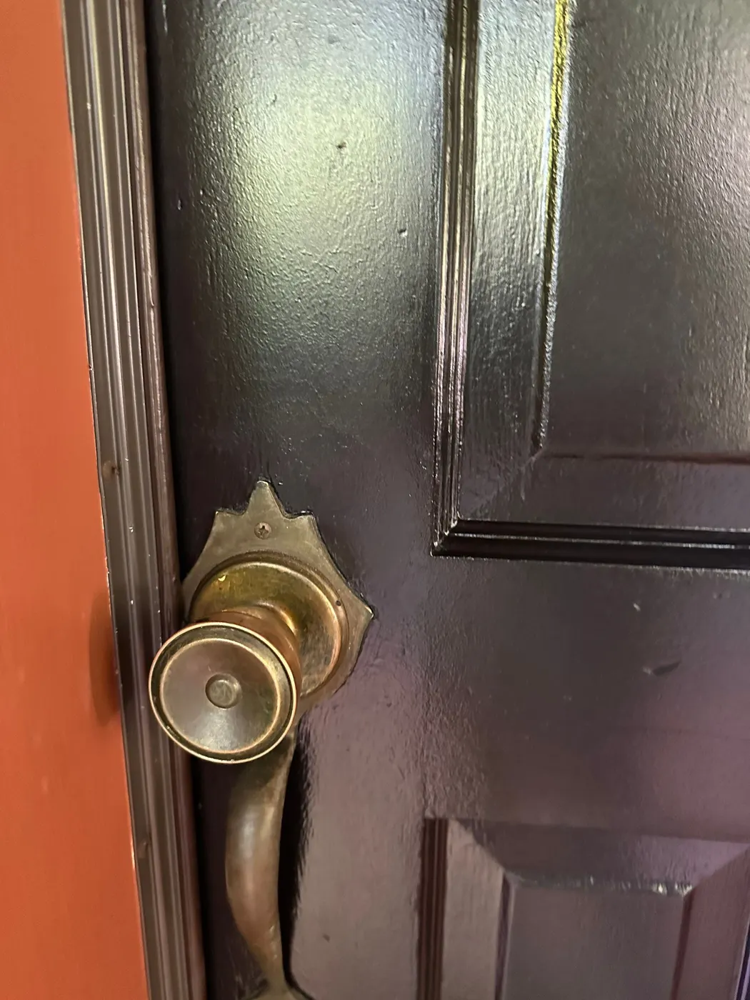 Polished brass door handle on a freshly painted glossy black front door in Vancouver