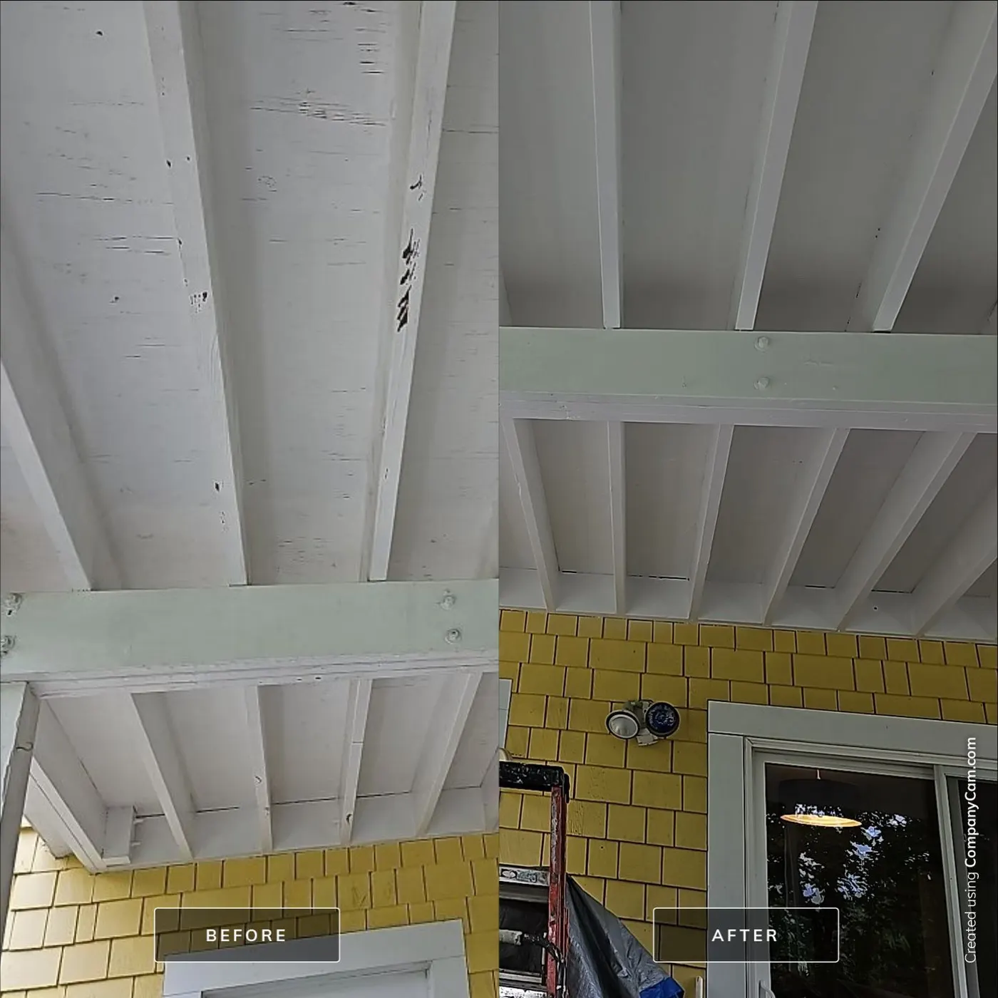Before and after comparison of a repainted deck ceiling on a Vancouver, BC home by Renaissance Painting