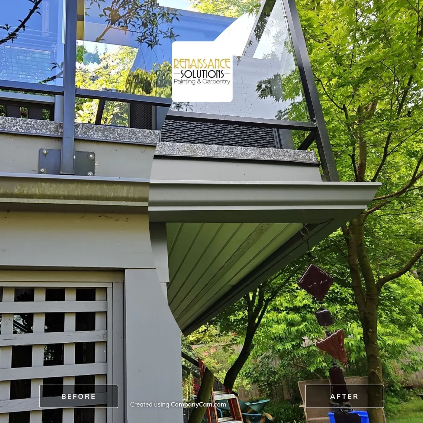 Before and after photo of a deck soffit and gutter repainted olive green on a Vancouver home