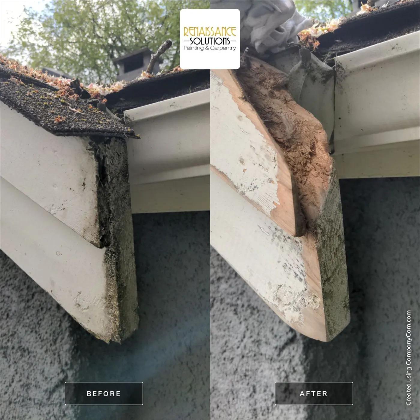 Before and after photo of a repaired and painted roof fascia end cap in Vancouver BC