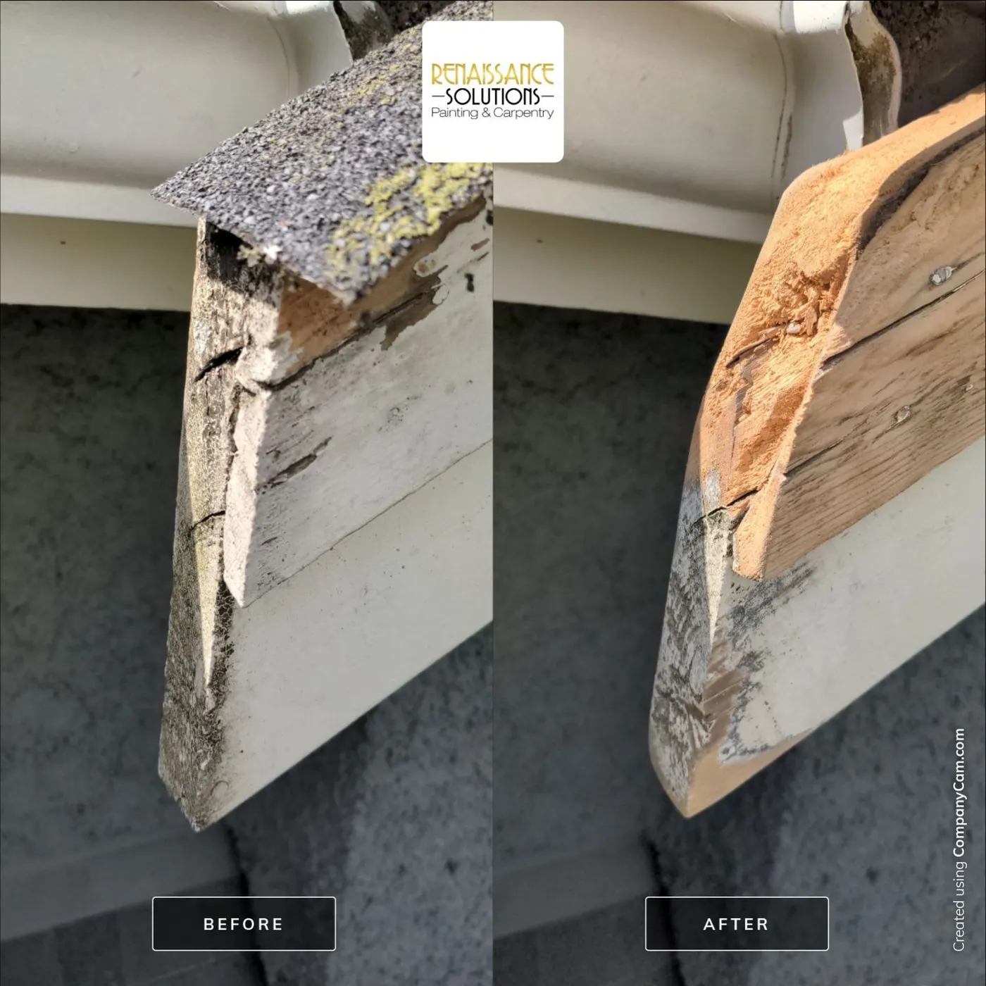 Before and after photo of a rotted fascia board repaired and prepped for paint on a Vancouver home