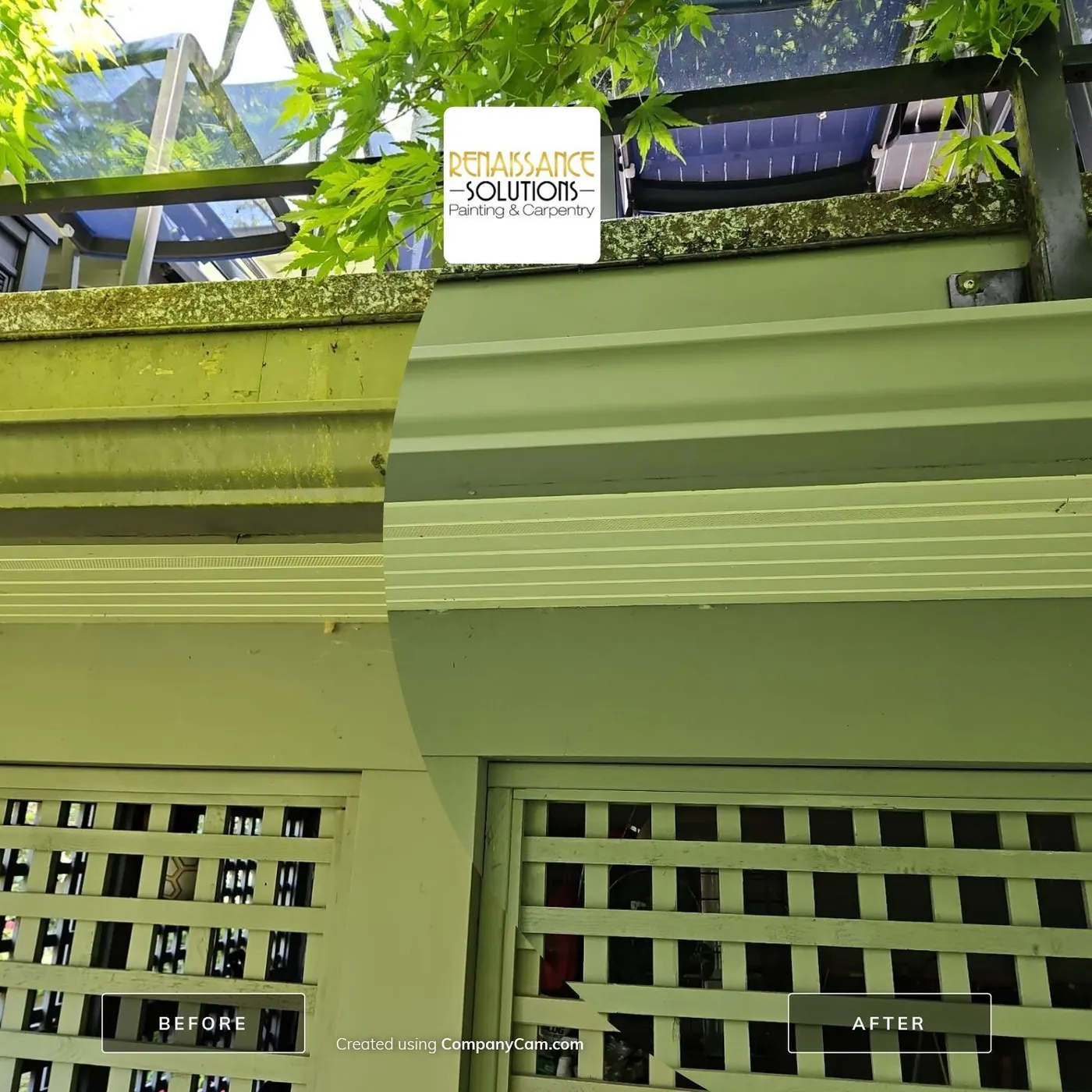Before and after photo of a moss-covered eave cleaned and repainted olive green in Vancouver