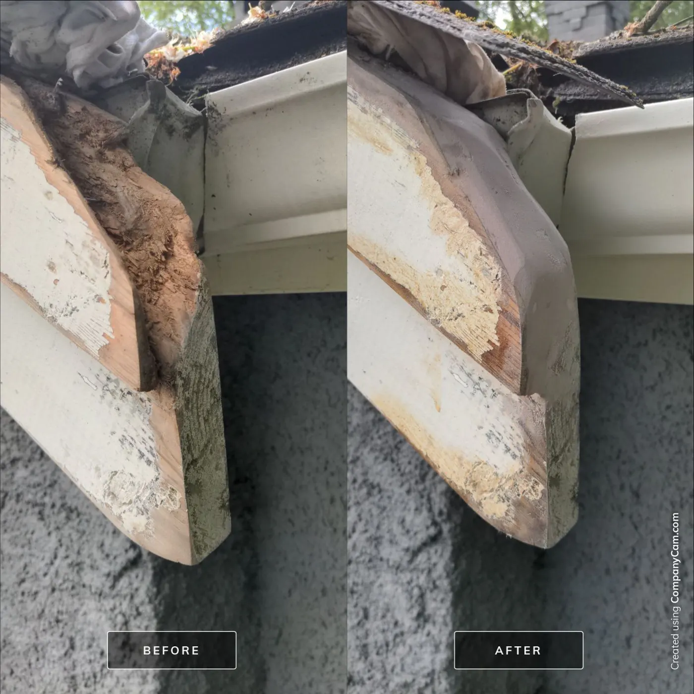 Before and after photo of a rotted gutter corner rebuilt and painted on a Vancouver house