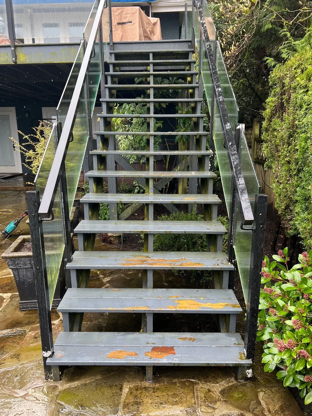 Rear exterior of a dark green Vancouver, BC home with a glass-railed staircase leading to an upper deck