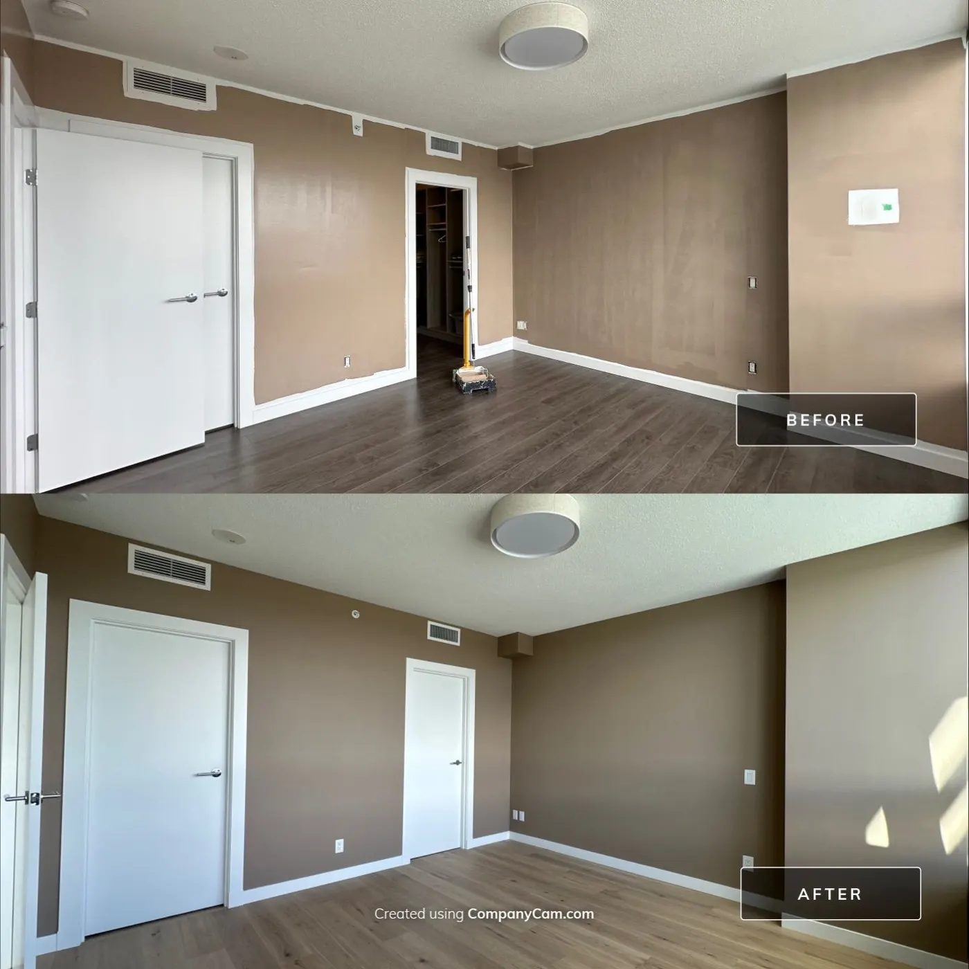 Before and after photos of a color-matched drywall repair in a Vancouver, BC condo bedroom