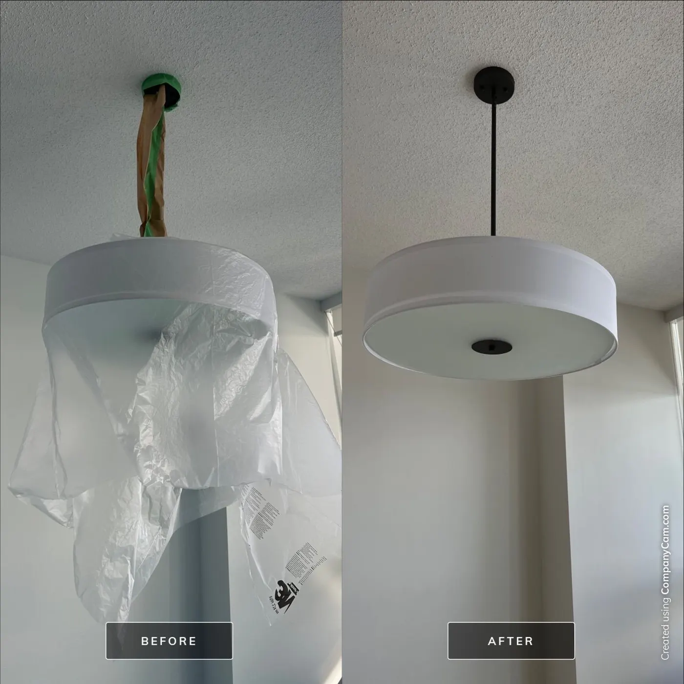 Before and after photos of a ceiling light fixture unwrapped after painting in a Vancouver, BC condo