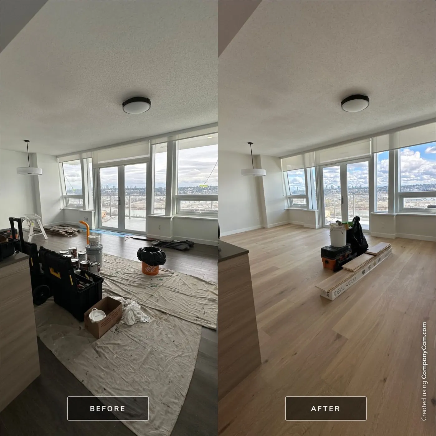 Before and after photos of a condo living room renovation in Vancouver, BC by Renaissance Painting