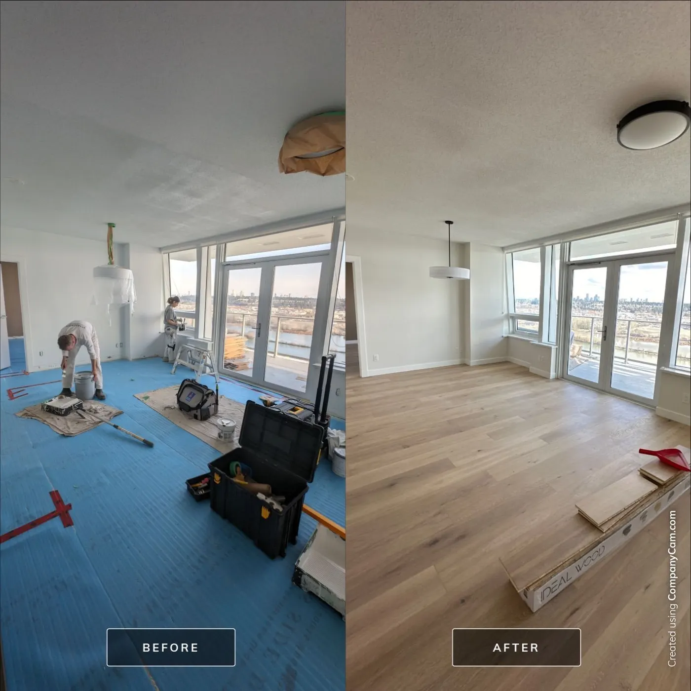Before and after photos of a full condo living room renovation with a river view in Vancouver, BC