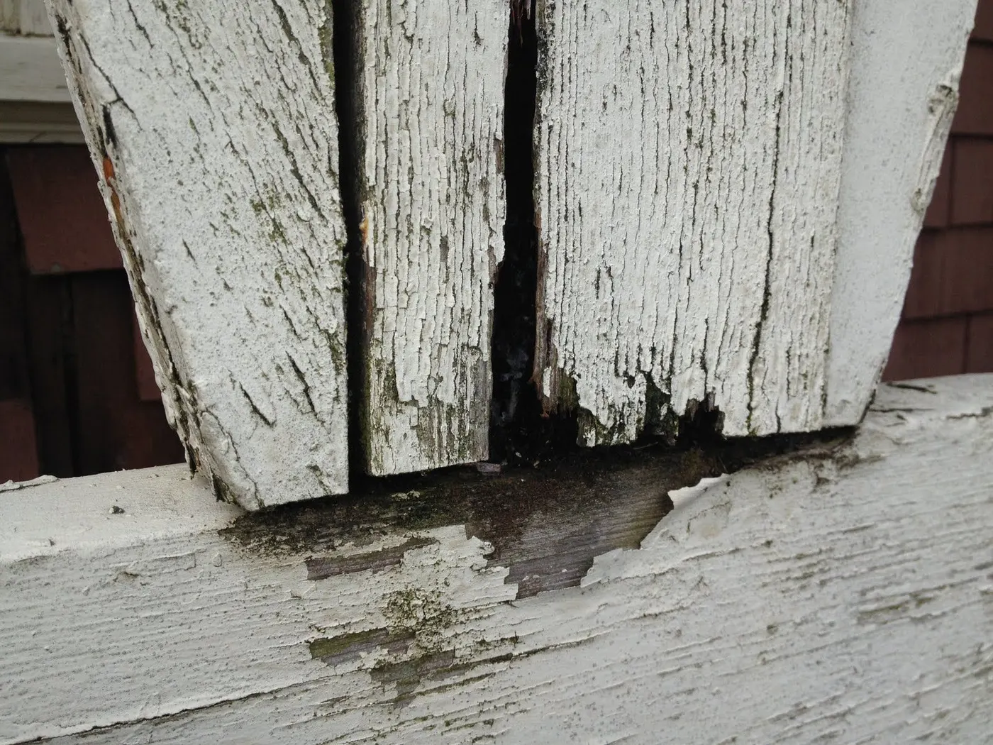 Close-up of rotted exterior wood trim on a Vancouver, BC heritage home before carpentry repair