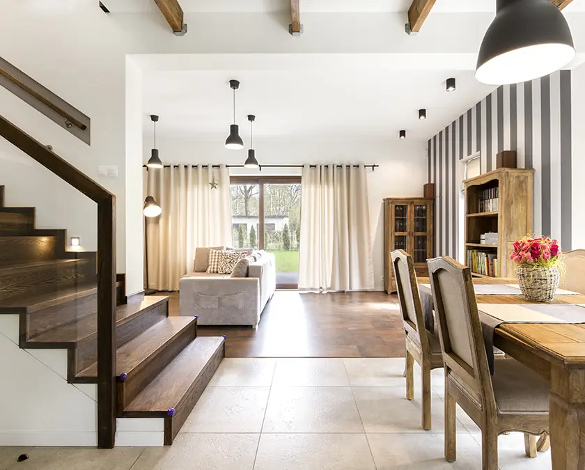 Beautiful open kitchen and living area with white paint.