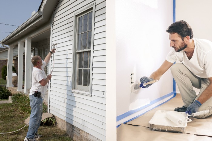Spraying during exterior house painting (Left) Cutting in during interior painting (Right)