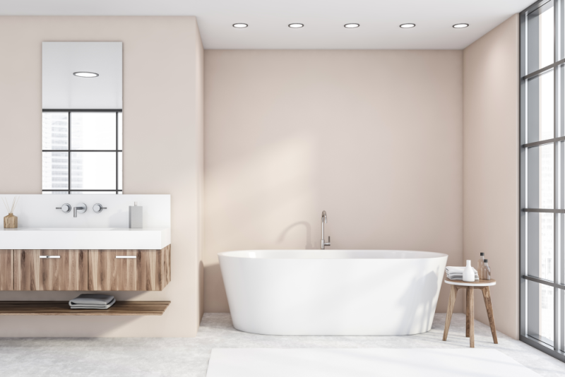 Looking for a relaxing color scheme for your bathroom? Consider beige walls!