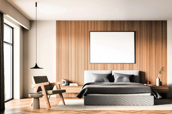 Accent wall ideas: Natural colour is perfect with warm horizontal stripes created with wooden panels that sit at only 1/3 of the feature wall.
