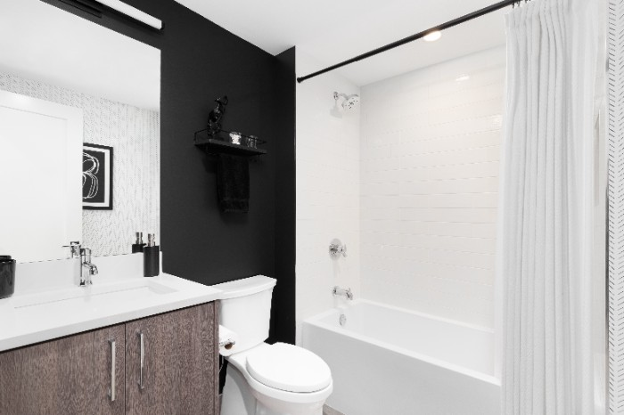 If you're looking to make a statement in your bathroom, consider painting one accent wall black.