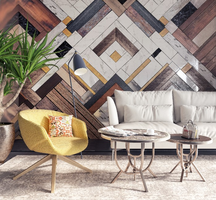 Accent wall ideas — Using natural materials with added texture on the selected wall, such as wood with geometric shapes, can help to create a warm and inviting atmosphere in a room.