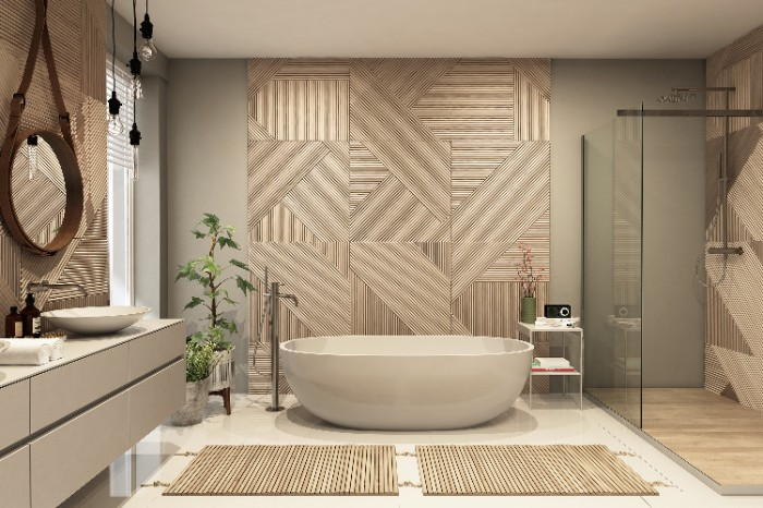 Bathroom walls can be combined with wood ornaments to create a unique and stylish space.