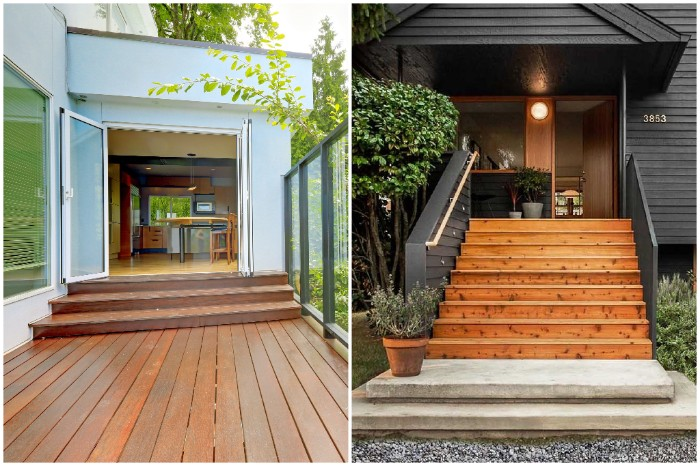 Handrail not needed on the left image but required, by the building code, on the right side. exterior stairs, outdoor stairs, exterior, outdoor, deck