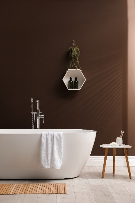 This bathroom, with its brown walls, is both rustic and refined.