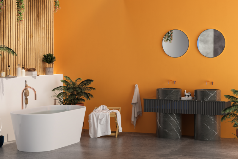 Looking for an orange paint color for your bathroom walls? Try Benjamin Moore's Orange!