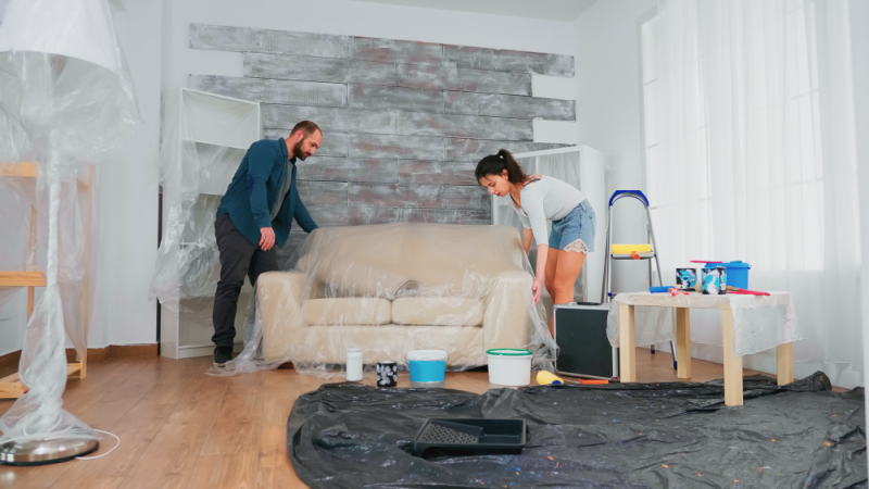 Ceiling painting: Cover the floor and as much furniture you have