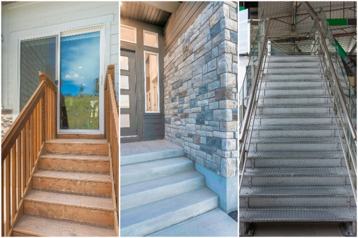 Wood stairs, cement steps and metal stairs. exterior stairs, outdoor stairs, exterior, outdoor, deck