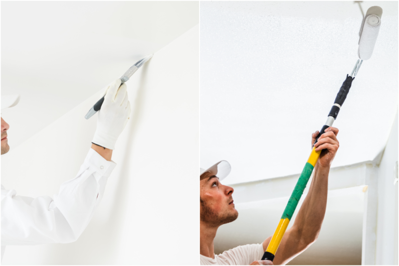 Start cutting with a brush, and then use a paint roller to cover the whole room