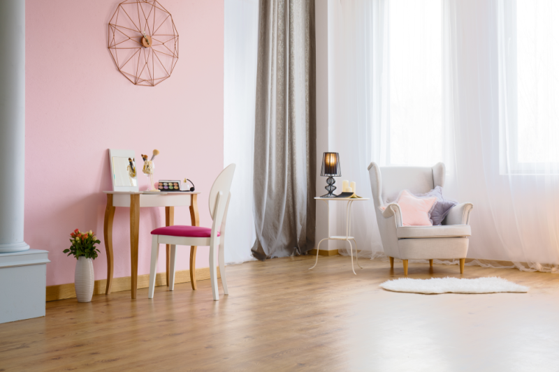For a bedroom you can balance out pink color with neutrals