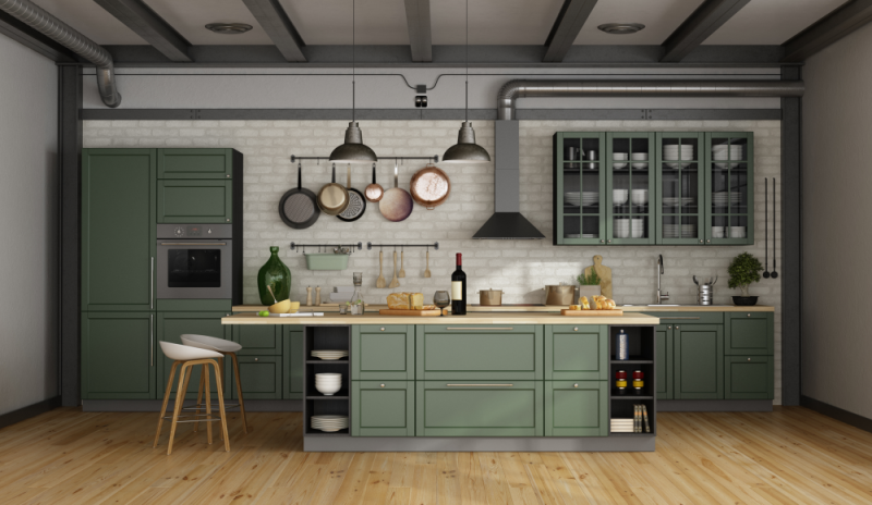 Green cabinets match with gray walls 