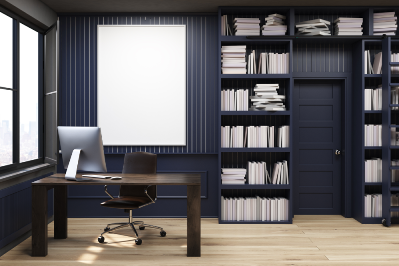 Study room with Navy Blue paint in contrast with stained study table