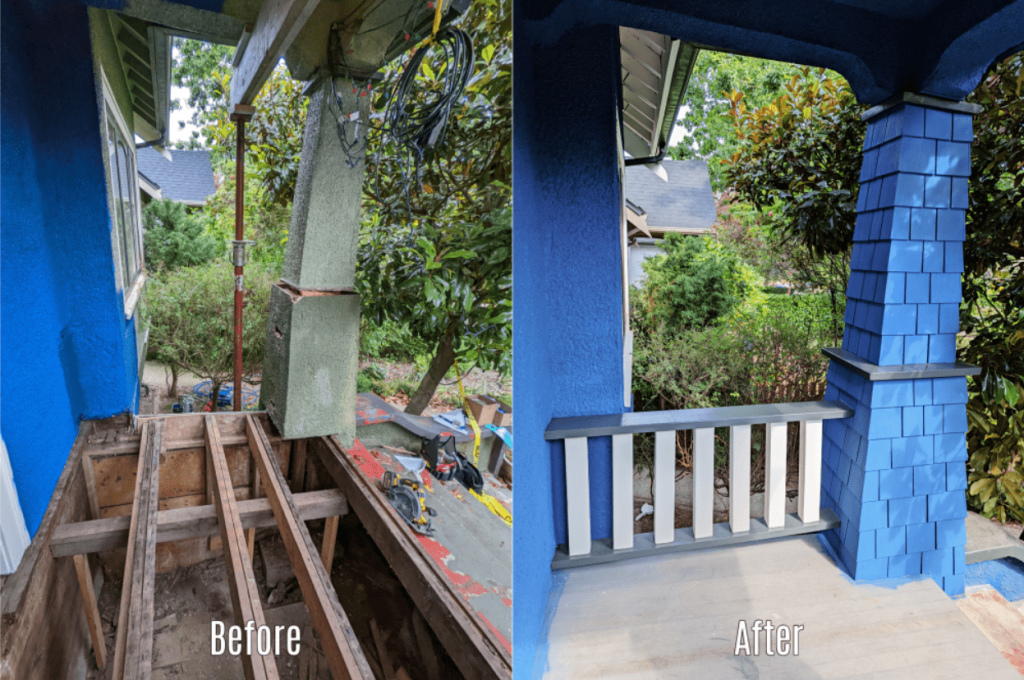 Before and after exterior painting and carpentry renovation work.