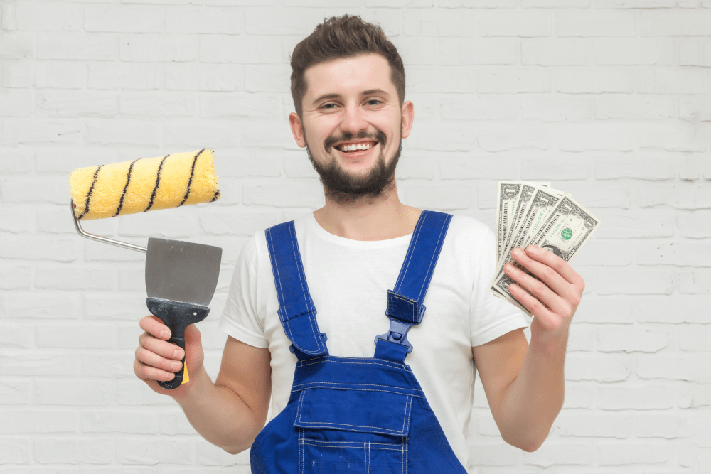 A painter with money, putty knife and painting roller.