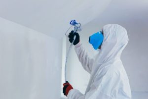 Professional home interior painter is spray painting a ceiling.