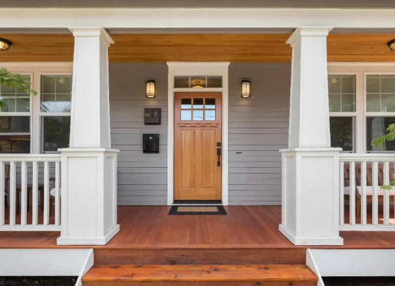 staircase: Timeless stained-style porch entry.