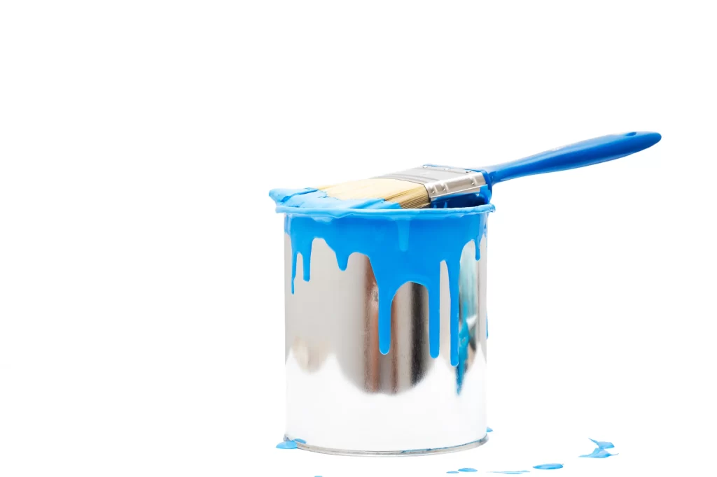 One gallon can of blue paint with a blue brush that will cover up to 400 square feet.